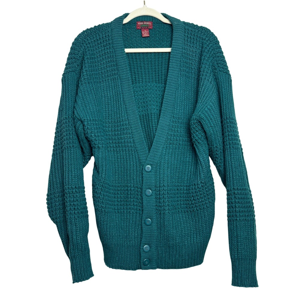 Vintage HIGH SIERRA Mens M‎ Teal Waffle Knit Cardigan Sweater Grandpa Cozy Chic